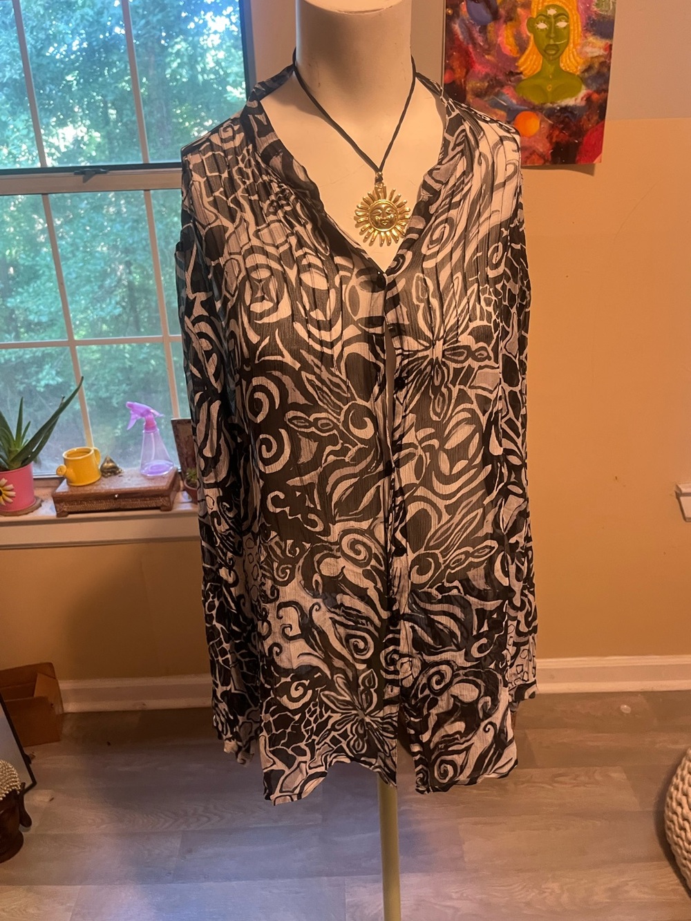100% Silk Black & White Floral-Print Women's Blouse